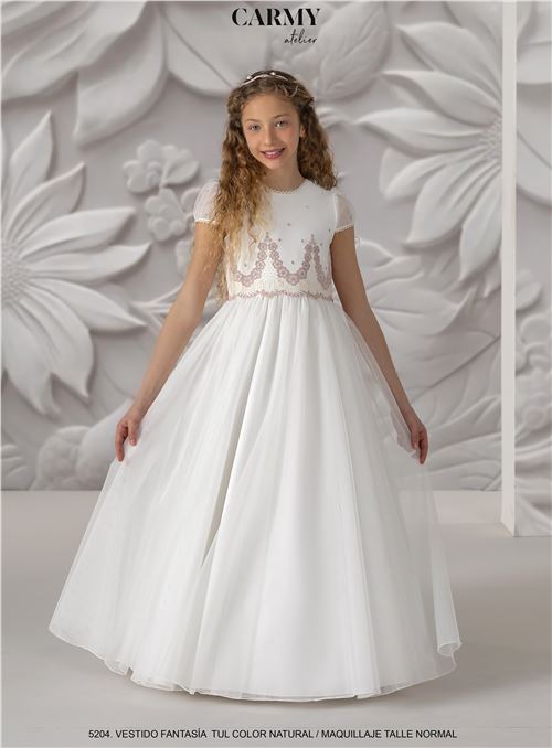 5204 VESTIDO COMUNION TUL NATURAL